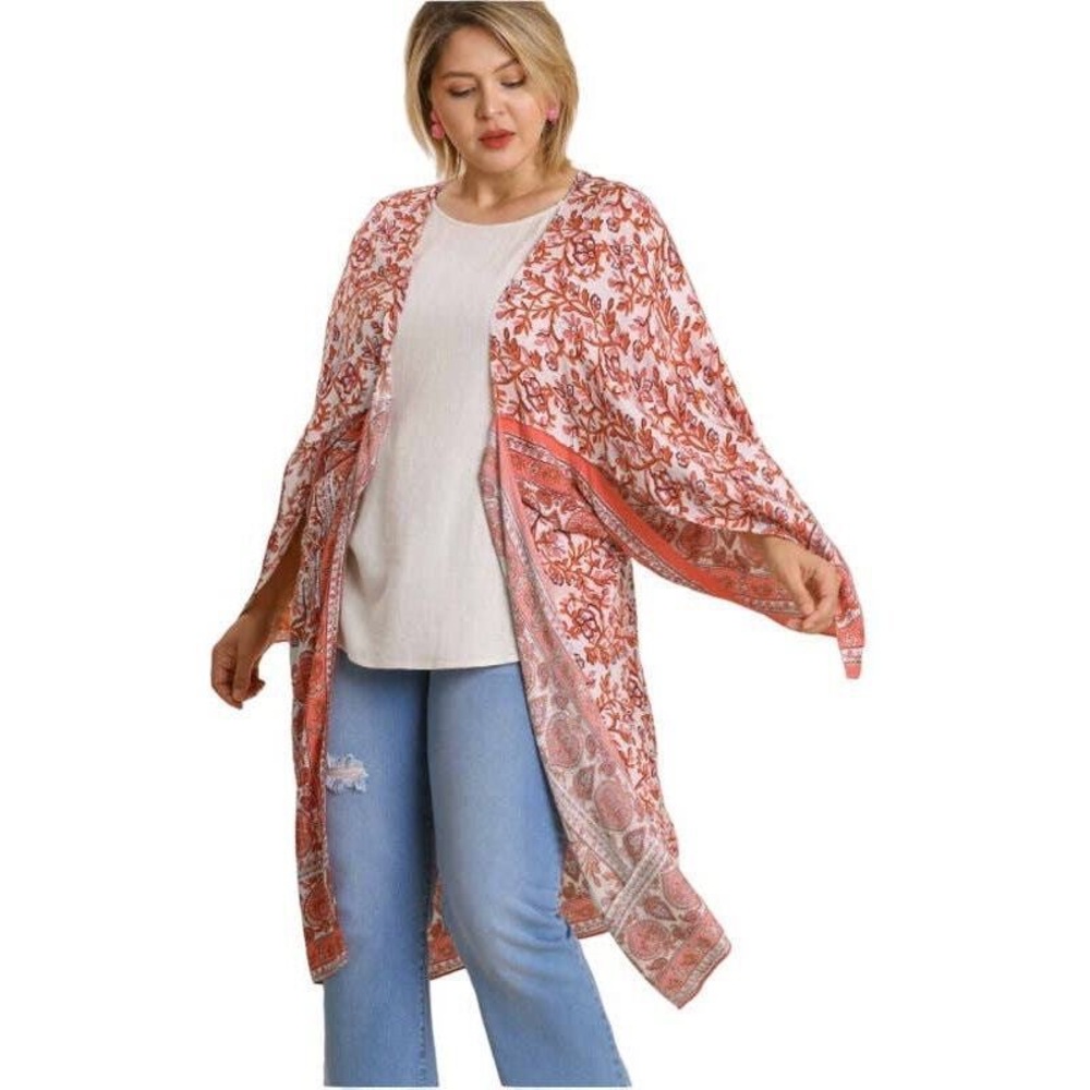 Umgee Boho Floral Print Open Front Wing Sleeve Kimono